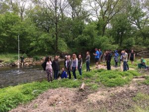 UAPP 411 611 Regional Watershed Management students survey remnants of Dam No. 1 circa 1777 along the White Clay Creek National Wild and Scenic River Spring 2017