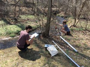 UD environmental engineering students Tommy Brevold and Lily Peterson conducting research along the Red Clay Creek Apr 2021