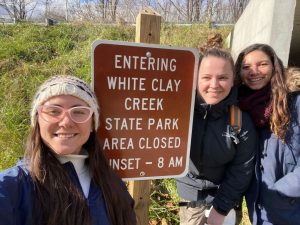 UDWRC water research students Elizabeth Shields Hayley Rost and Sophie Phillips at White Clay Creek State Park Fall 2021